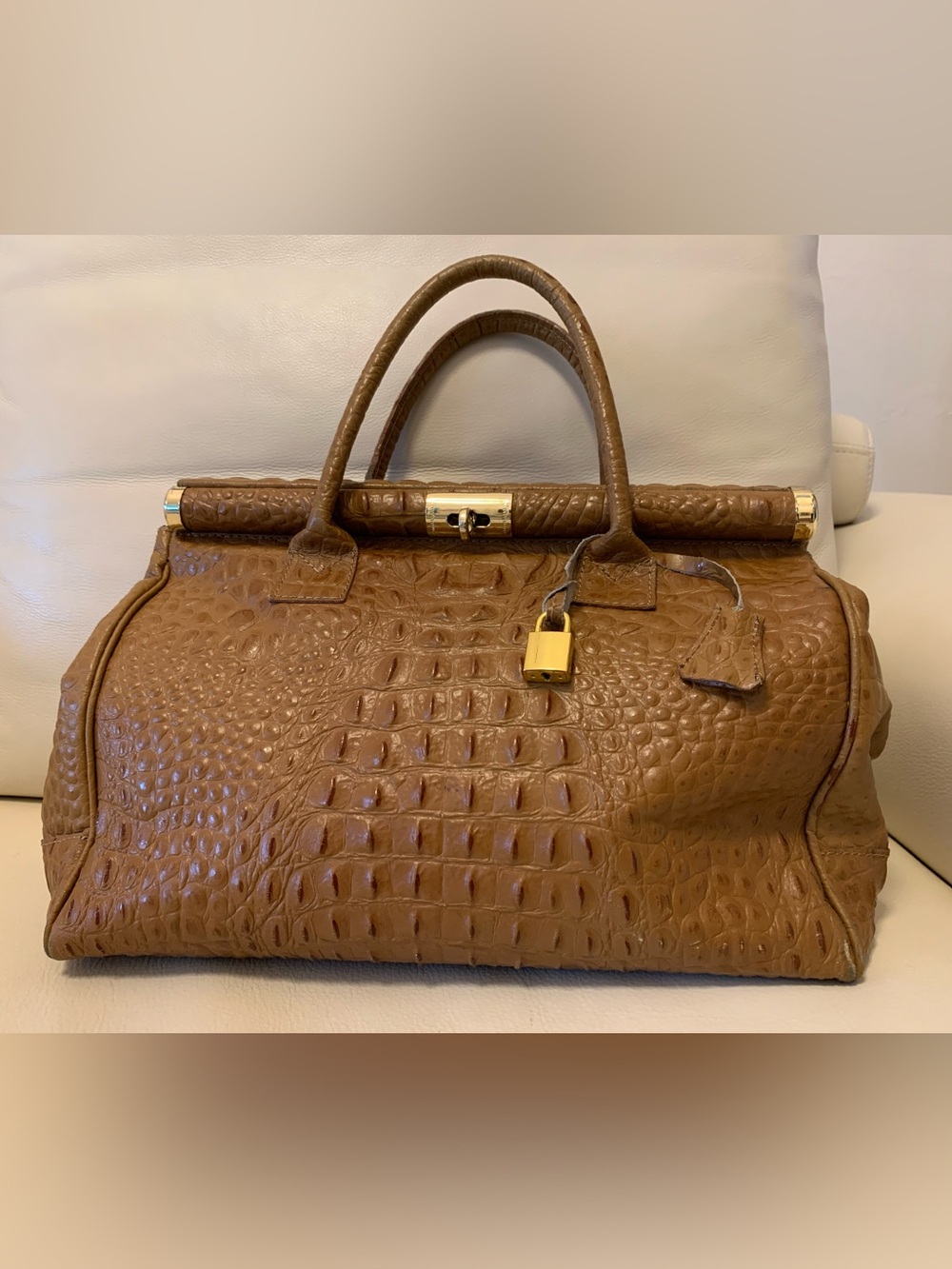 Old Florence Leather Croc Embossed Handbag Brown Naturally Dyed & Treated Italy